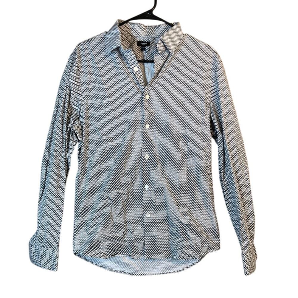 Express Mens Shirt White Black Geometric Slim 1MX Button Down Stretch Small
